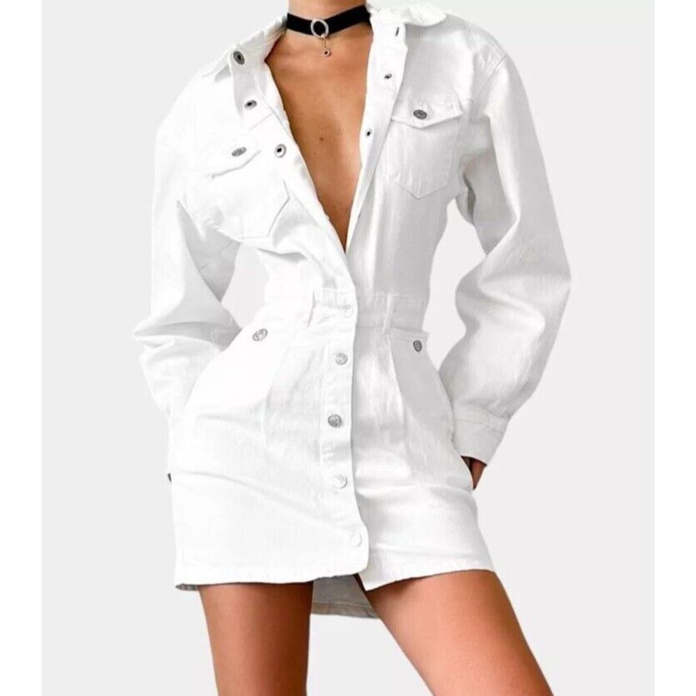 Zara White Button Front Long Sleeve Denim Mini Shirt Casual Dress‎ Size M